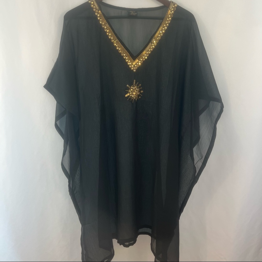 Angel Touch Swim Beach Cover Dress Flowy Open Sheer Flutter Kaftan OS Beaded